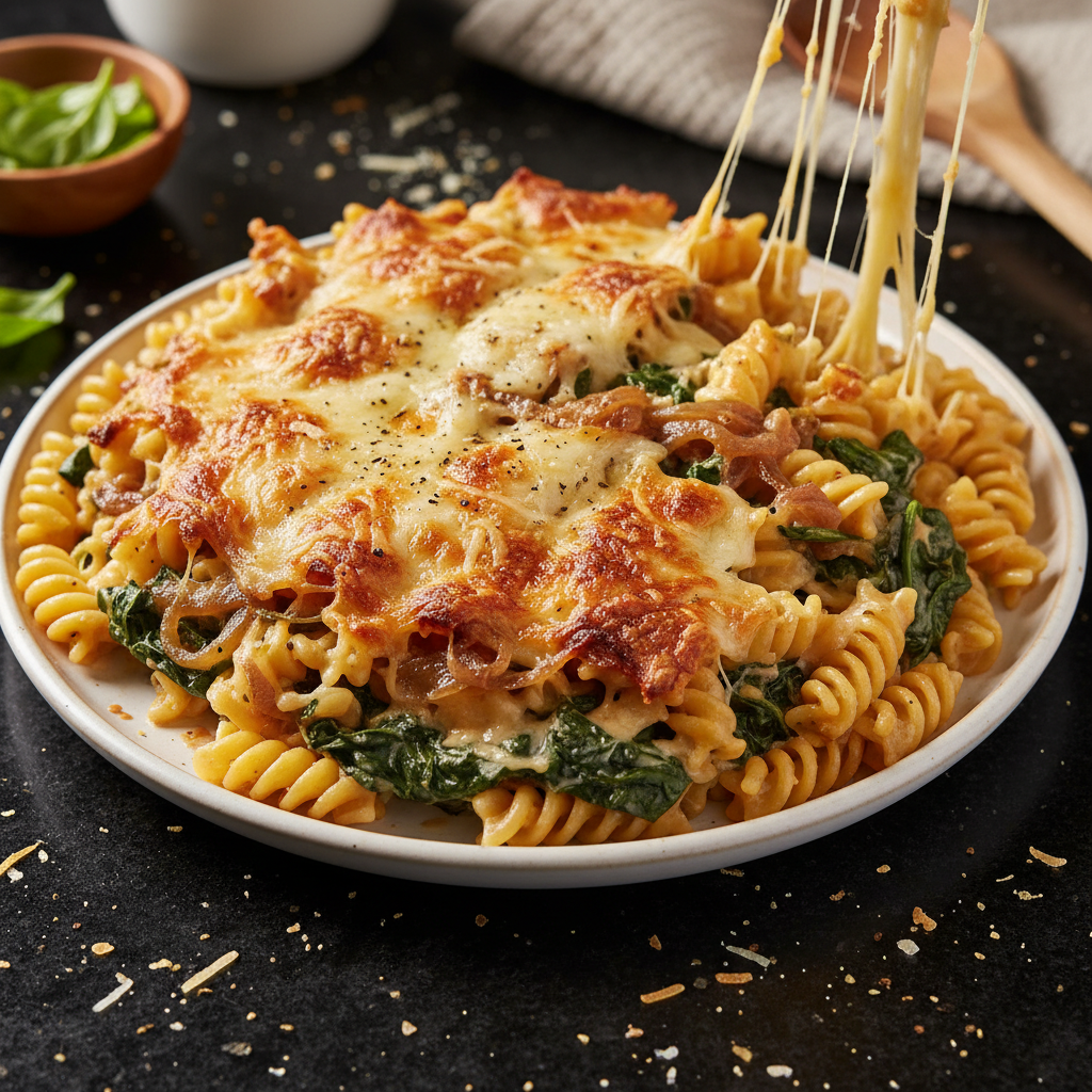 Caramelized Onion & Spinach Pasta Bake